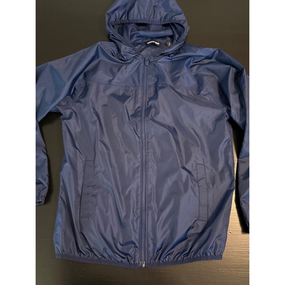 Lands End Kids Navy Packable Windbreaker Hooded Jacket Mesh Lined‎ Large 14-16